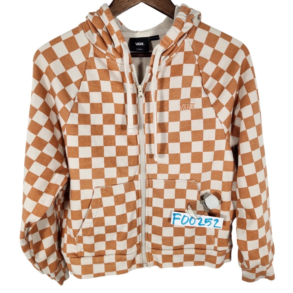 Vans Womens Flying V Cocoon Orange Cream Checkered French Terry Zip Hoodie XS